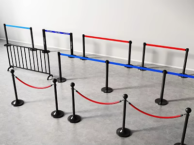 Various Metal Safety Barriers With Blue Red Railings Black Bases and Red Ropes 3d model