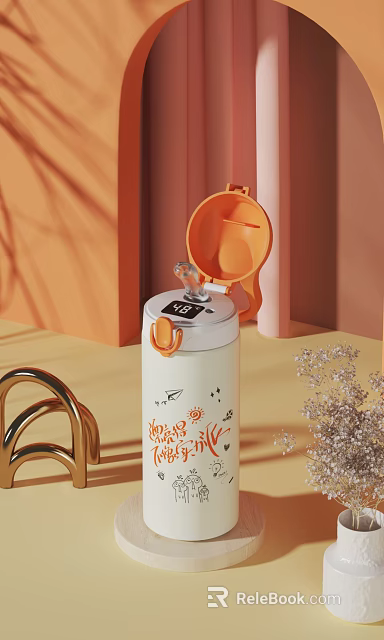 White Insulated Cup With Digital Temperature Display Orange Lid Handle And Cartoon Patterns 3d model 