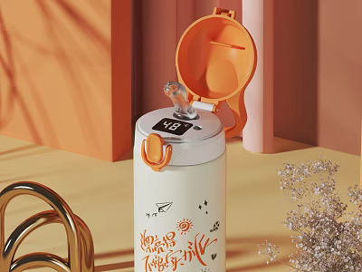 White Insulated Cup With Digital Temperature Display Orange Lid Handle And Cartoon Patterns 3d model