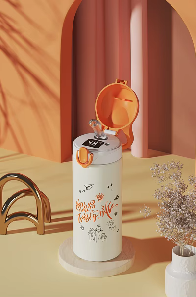 White Insulated Cup With Digital Temperature Display Orange Lid Handle And Cartoon Patterns 3d model