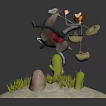 Adventurous Cartoon Character Riding Brown Horse In Desert With Green Cactus Grass And Rock