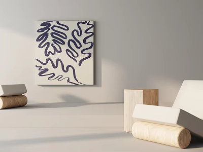 Modern Light Colored Leisure Chair In Minimalist Interior With Abstract Wall Art And Wooden Accents 3d model