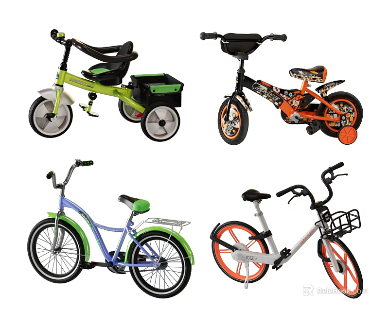 Colorful Bicycles Including Kids Trike And Adult Models With Baskets And Seats 3d model 