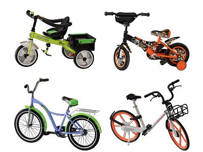 Colorful Bicycles Including Kids Trike And Adult Models With Baskets And Seats 3d model