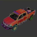 Red Off Road Pickup Truck With Roof Lights And Yellow Items In Bed