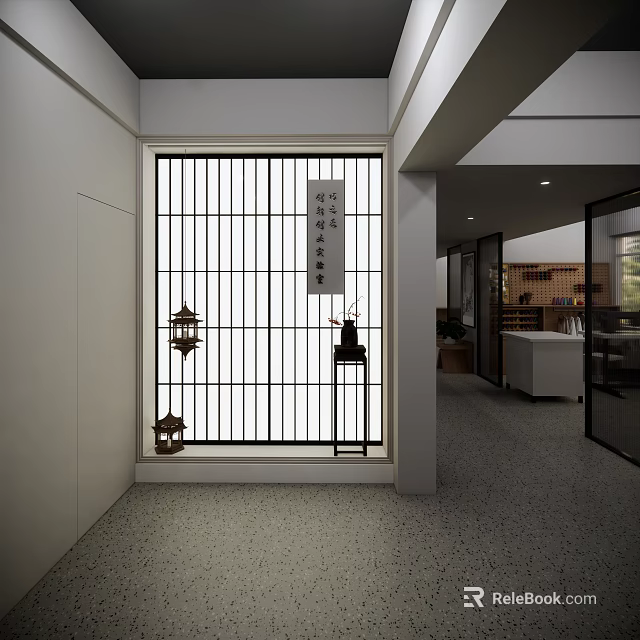 Minimalist Japanese Interior Design With Grid Door Calligraphy Scroll And Lanterns 3d model 
