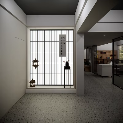 Minimalist Japanese Interior Design With Grid Door Calligraphy Scroll And Lanterns 3d model