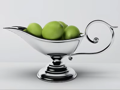 Fresh Green Apples in Stylish Silver Metal Fruit Bowl Placed on White Tabletop 3d model