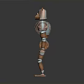 3D Robot Character With Angular Head Segmented Body Metal And Wooden Parts Silver Brown Design