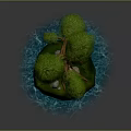 Weeping Willow Tree Featuring Green Drooping Branches On Island Surrounded By Water And Small Rocks