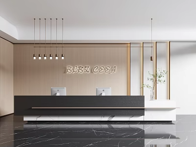 Modern Reception Desk Interior Design With Wooden Panel Background Marble Countertop Hanging Pendant Lights And Potted Plant Decor 3d model