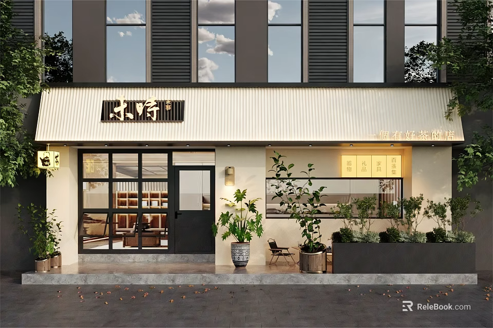 Traditional Teahouse Exterior With Large Windows Potted Plants And Wooden Signboard 3d model 