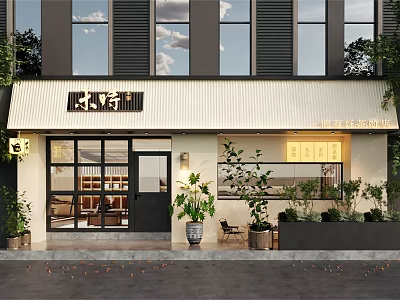 Traditional Teahouse Exterior With Large Windows Potted Plants And Wooden Signboard 3d model