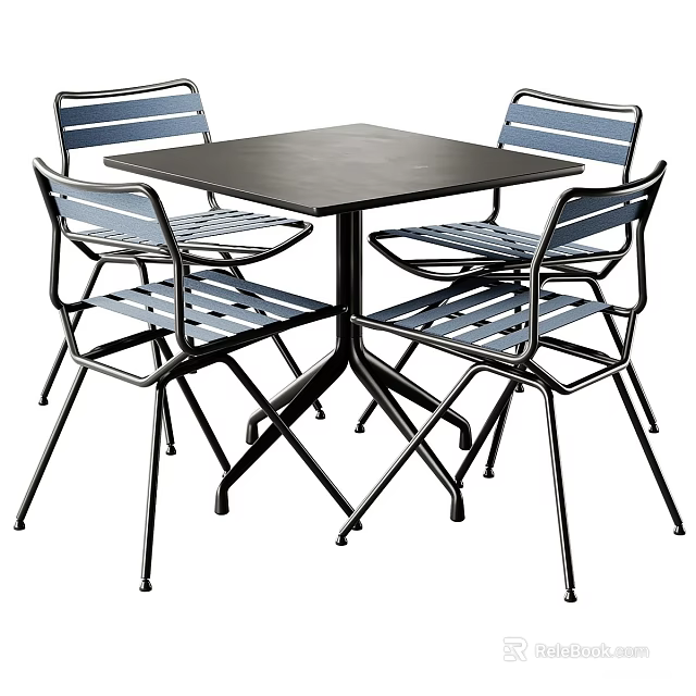 Modern Square Black Dining Table Set With Metal Frame And Striped Chairs 3d model
