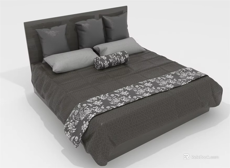 Modern Gray Double Bed With Upholstered Headboard Multiple Gray Pillows And Patterned Decorative Blanket 3d model 