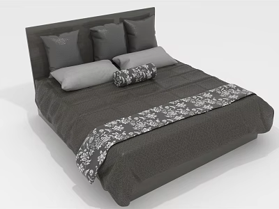 Modern Gray Double Bed With Upholstered Headboard Multiple Gray Pillows And Patterned Decorative Blanket 3d model