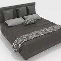 Modern Gray Double Bed With Upholstered Headboard Multiple Gray Pillows And Patterned Decorative Blanket