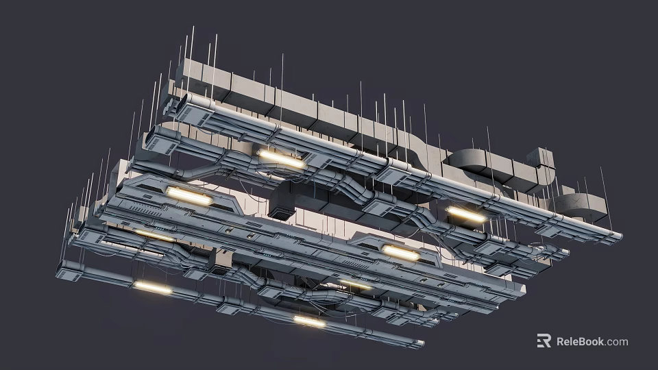 Modern Industrial Ceiling Design With Metal Frame And LED Lighting 3d model