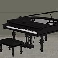 Black Grand Piano With Ornate Gold Accents And Matching Stool In Luxury Interior
