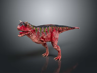 Red Dinosaur Model With Green Stripes Horned Head Open Mouth Standing On Gray Reflective Floor 3d model