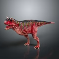 Red Dinosaur Model With Green Stripes Horned Head Open Mouth Standing On Gray Reflective Floor