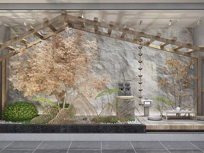 Showcase Window Featuring Wooden Frame Rock Background Decorative Trees And Sculpture 3d model
