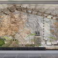 Showcase Window Featuring Wooden Frame Rock Background Decorative Trees And Sculpture