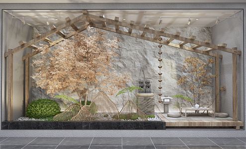 Japanese-style window landscape sketch abstract rockery outdoor tea table landscape tree withered stone courtyard plant landscape 3d model