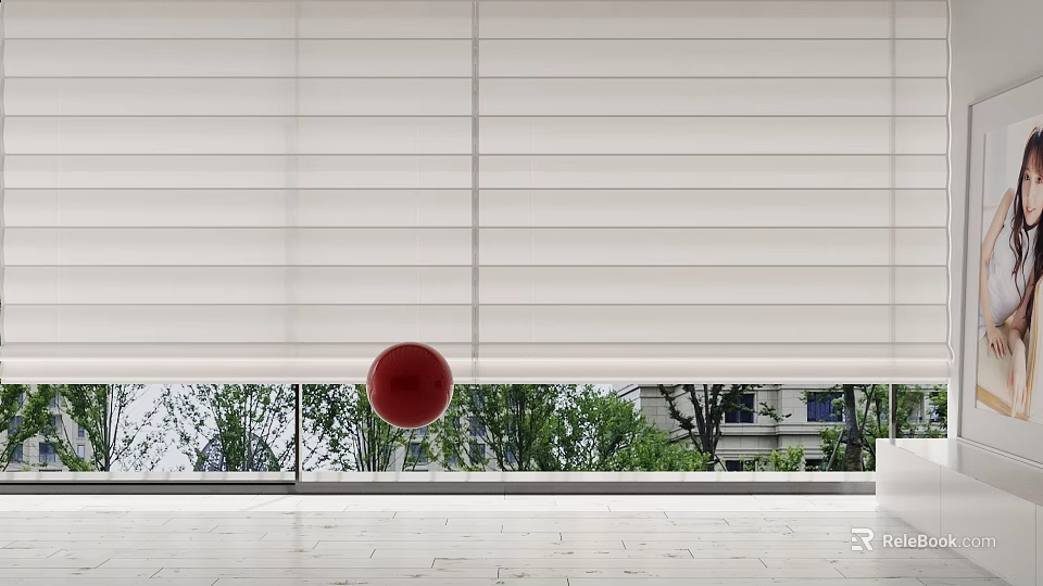 White Venetian Blinds Covering Window In Spacious Room With Green Trees And Red Ball 3d model 