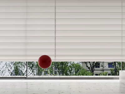 White Venetian Blinds Covering Window In Spacious Room With Green Trees And Red Ball 3d model