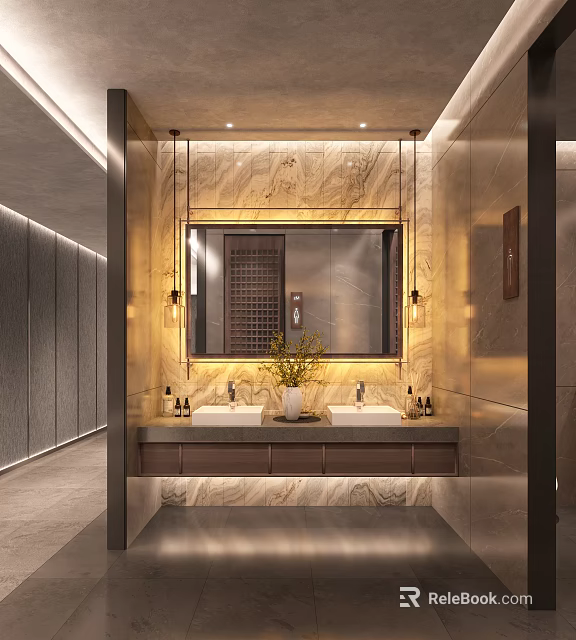 Elegant Modern Bathroom Interior With Double Vanity Marble Walls Mirror Pendant Lights And Green Plant 3d model 