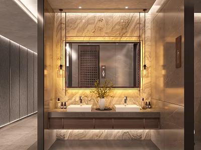 Elegant Modern Bathroom Interior With Double Vanity Marble Walls Mirror Pendant Lights And Green Plant 3d model