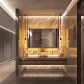 Elegant Modern Bathroom Interior With Double Vanity Marble Walls Mirror Pendant Lights And Green Plant