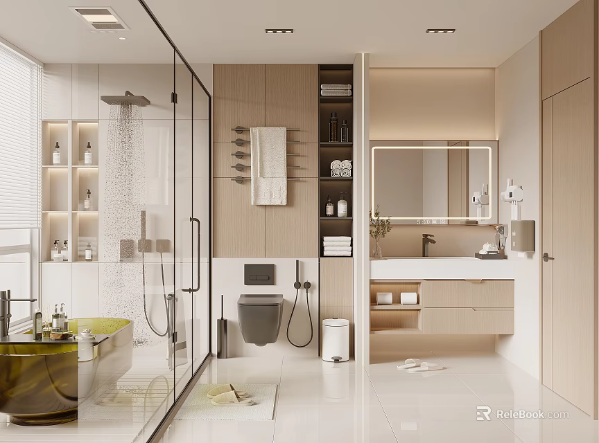 Modern Bathroom Interior With Shower Bathtub Vanity Mirror And Storage Cabinets 3d model 