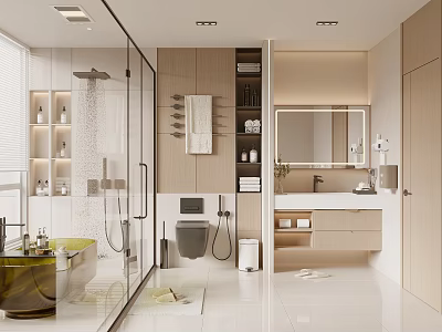 Modern Bathroom Interior With Shower Bathtub Vanity Mirror And Storage Cabinets 3d model