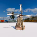 Windmill Architectural Components Featuring Wooden Blades And Tower Structure Under Blue Sky 3d model