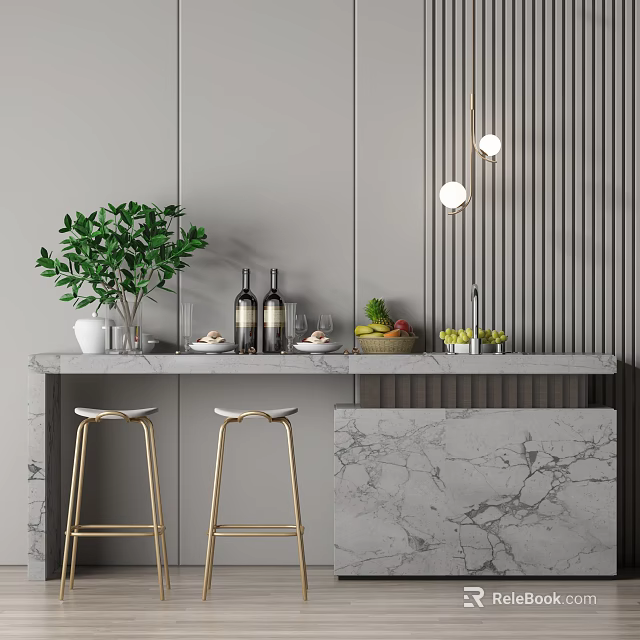 Modern Bar with Marble Countertop Golden Bar Stools Green Plant Fruits and Hanging Lights 3d model 