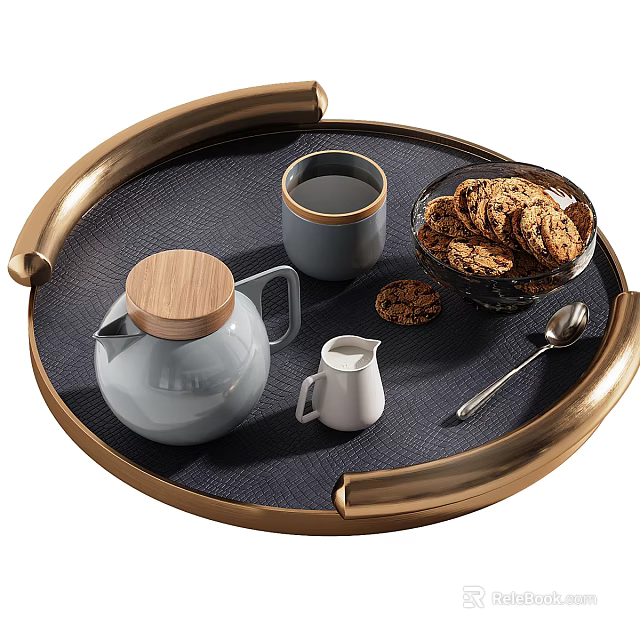 Elegant Tea Set With Blue Teapot Wooden Lid Gray Cup And Cookies On Golden Tray 3d model 
