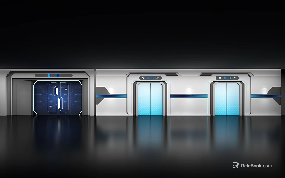 Futuristic Building Exterior Wall With Metallic Frames And Blue Accent Strips 3d model 