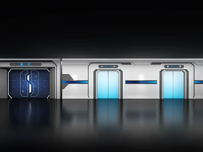 Futuristic Building Exterior Wall With Metallic Frames And Blue Accent Strips 3d model