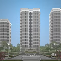 Modern High Rise Residential Building with Glass Curtain Walls Surrounded by Greenery and Street Lamps