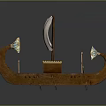 Ancient Ship Model With White Sail Decorative Prow Stern Small Chest And Oars