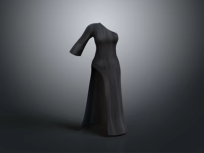 Elegant Women's Black Long Dress With Slit Design And Long Sleeves 3d model