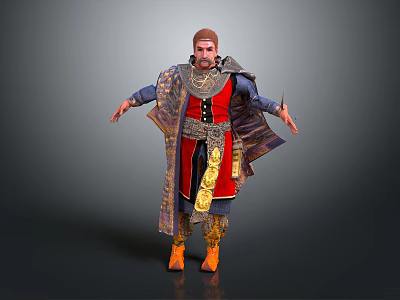 Fantasy Game Movie Character In Red And Gold Outfit With Armored Shoulders And Cloak 3d model