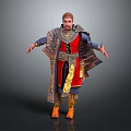 Fantasy Game Movie Character In Red And Gold Outfit With Armored Shoulders And Cloak