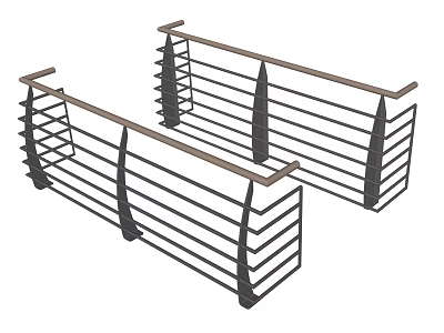 Modern Railing Design With Metal Bars And Wooden Handrails For Balcony 3d model