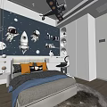Kids Room Interior With Dark Blue Wall Astronaut Rocket Planet Decor Bed And Shelves