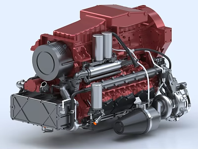Red Industrial Engine with Multiple Cylinders Turbocharger Metal Components Detailed Mechanical Structure 3d model