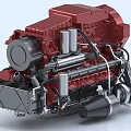 Red Industrial Engine with Multiple Cylinders Turbocharger Metal Components Detailed Mechanical Structure