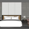 Elegant Hotel Guest Room Featuring Large Bed White Bedding City View And Striped Walls